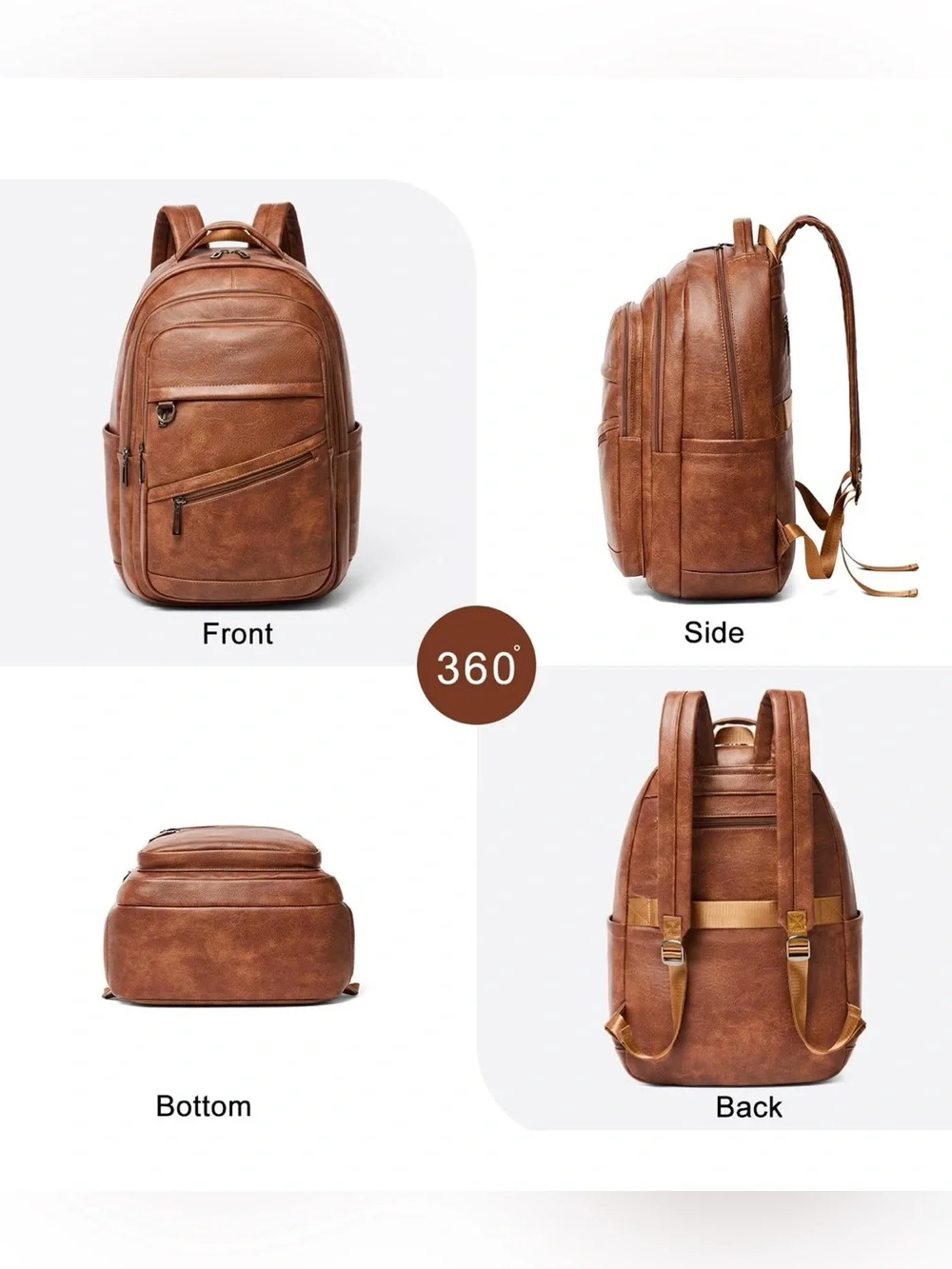 LATMAP Vegan Leather Laptop Backpack 16.5” Travel Carry On College Work Brown